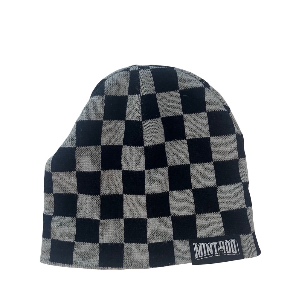 Mint 400 Unisex Beanie OS Gray Black Checkered Knit Logo Streetwear Hat